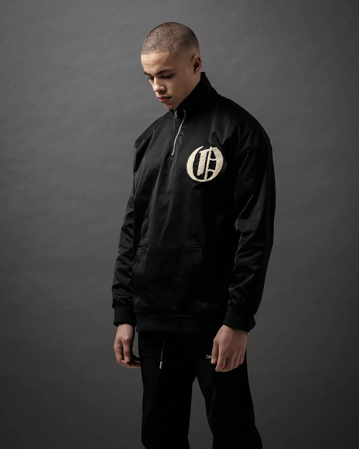 Black Satin Half Zip Bomber