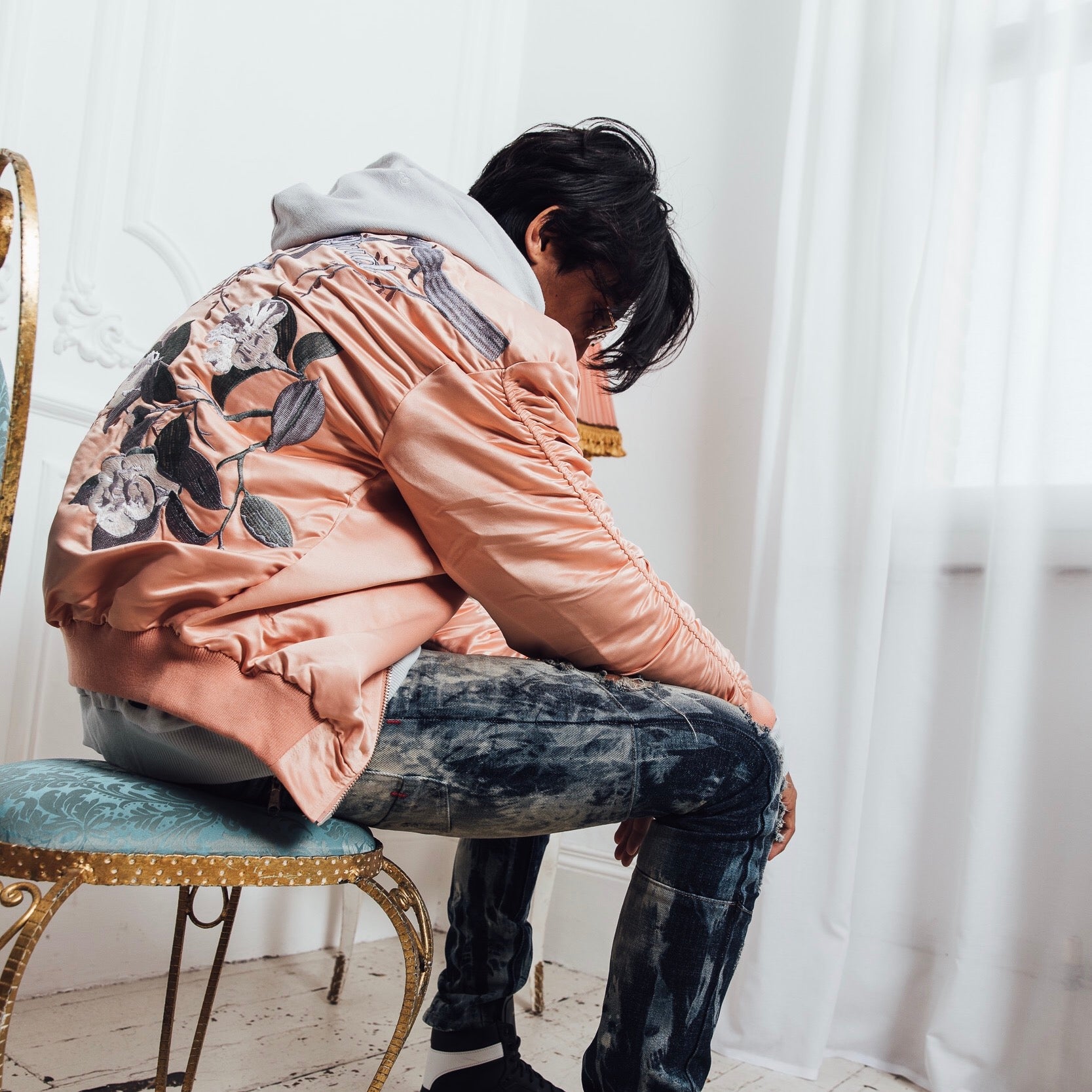 FEATURED-PRODUCT-SIGNATURE-SATIN-PEACH-EMBROIDERED-BOMBER-JACKET ONLY THE BLIND™