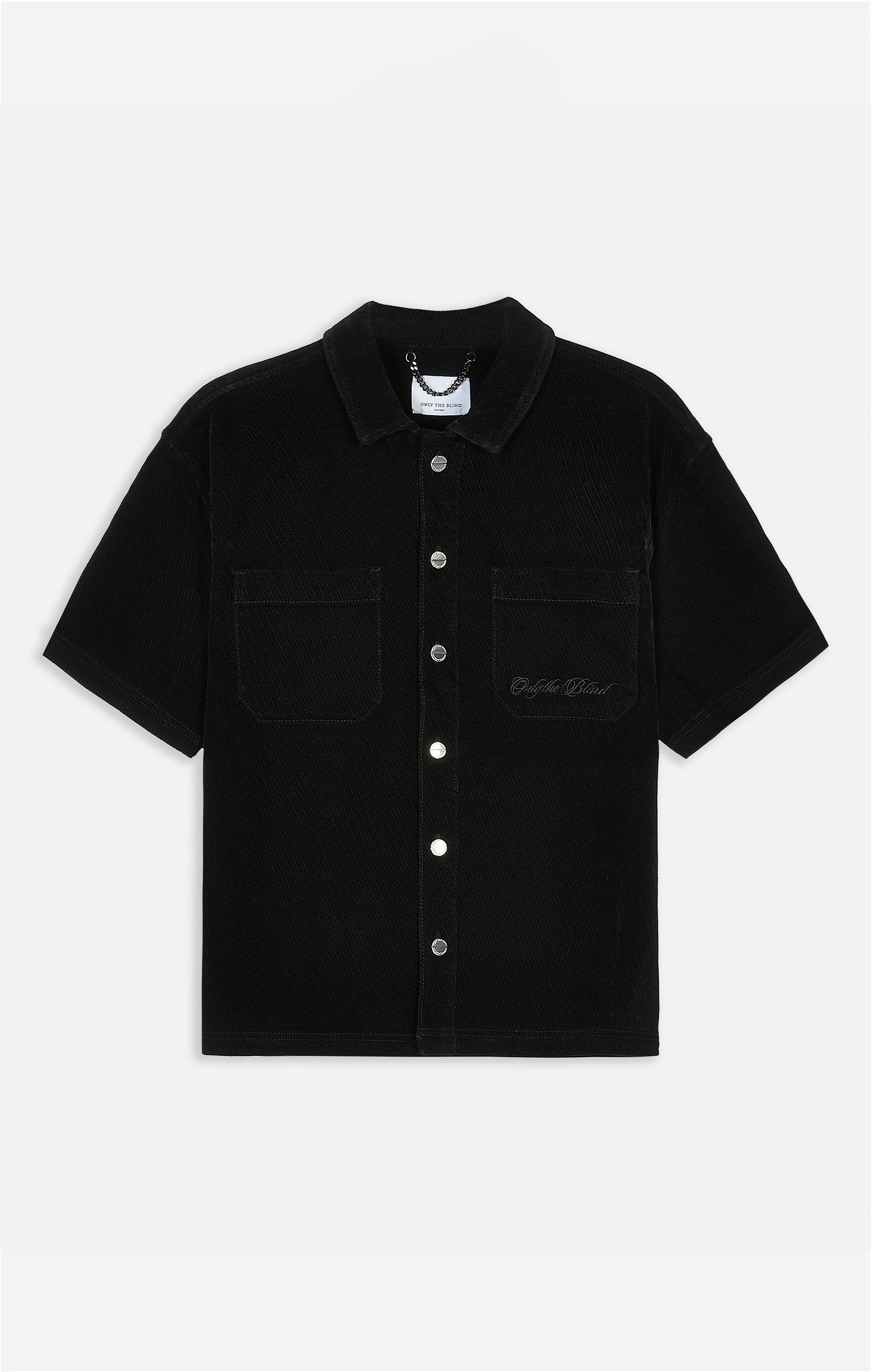 Black short-sleeve shirt with collar on a white background