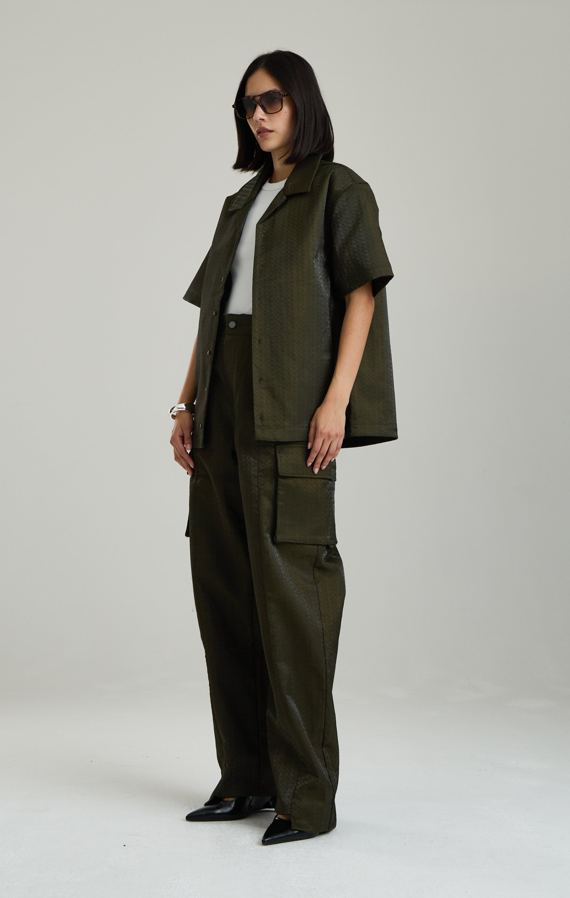 IRIDESCENT GREEN EMBROIDERED PANTS