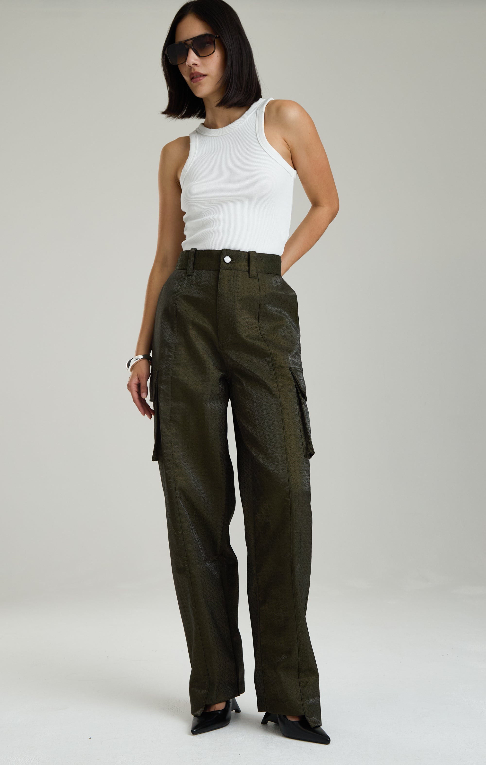 IRIDESCENT GREEN EMBROIDERED PANTS