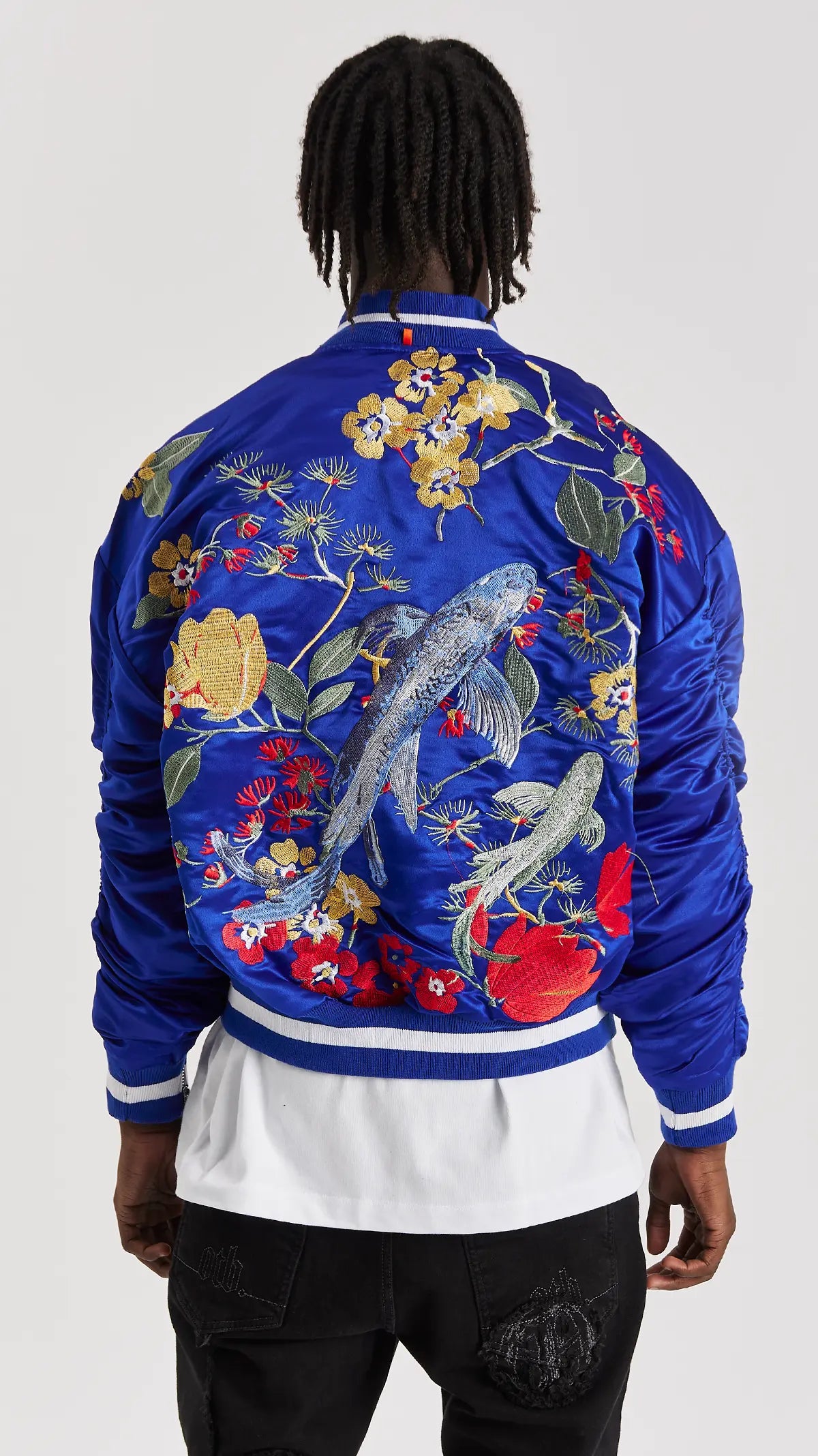 Signature Satin Mazarine Embroidered Bomber Jacket