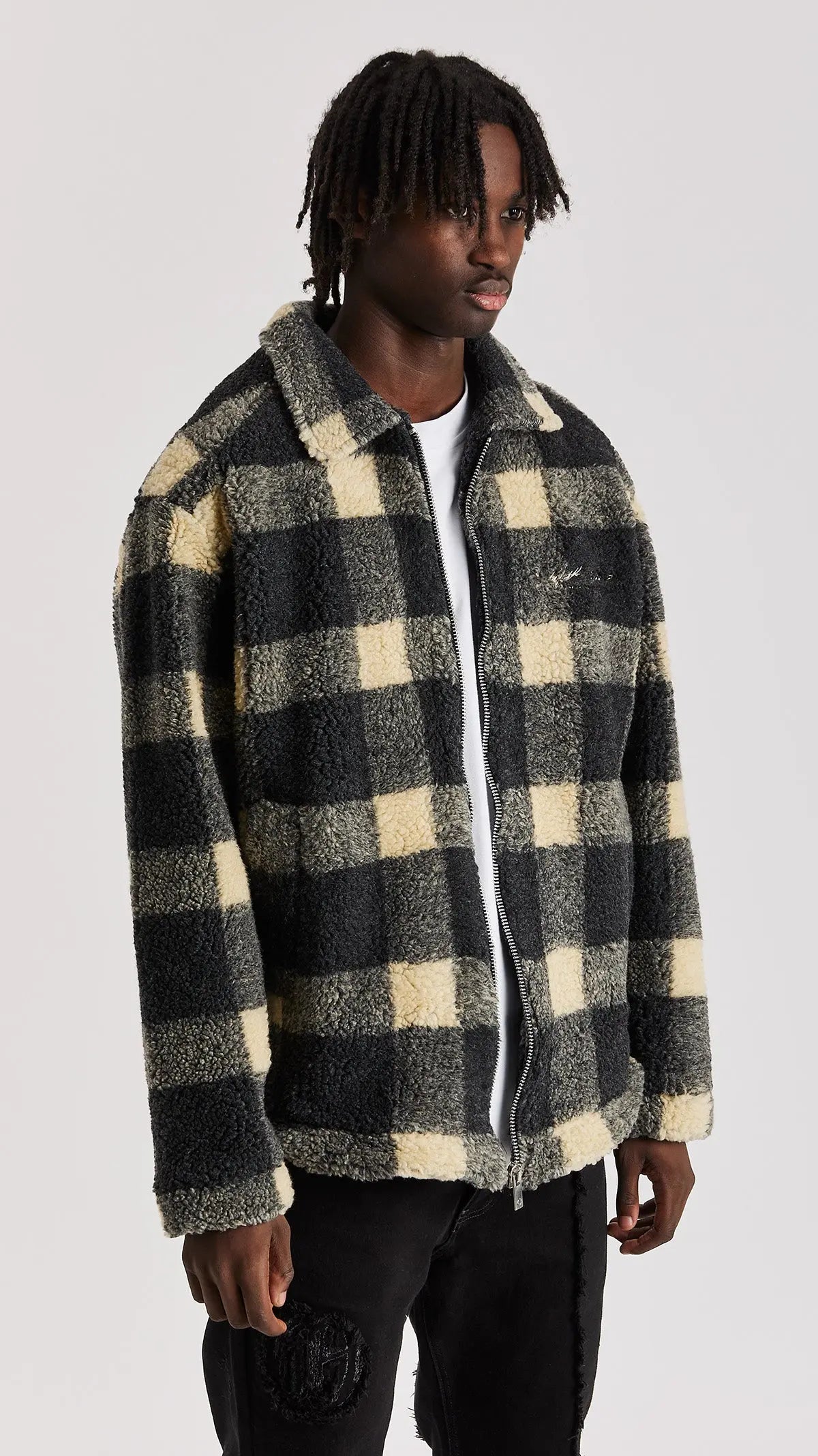 BEIGE CHECK BORG JACKET