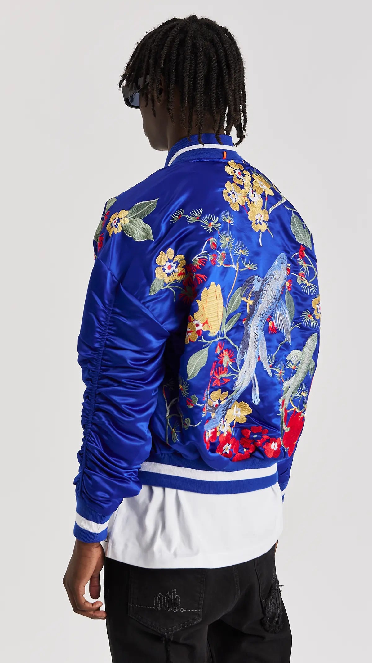 Signature Satin Mazarine Embroidered Bomber Jacket