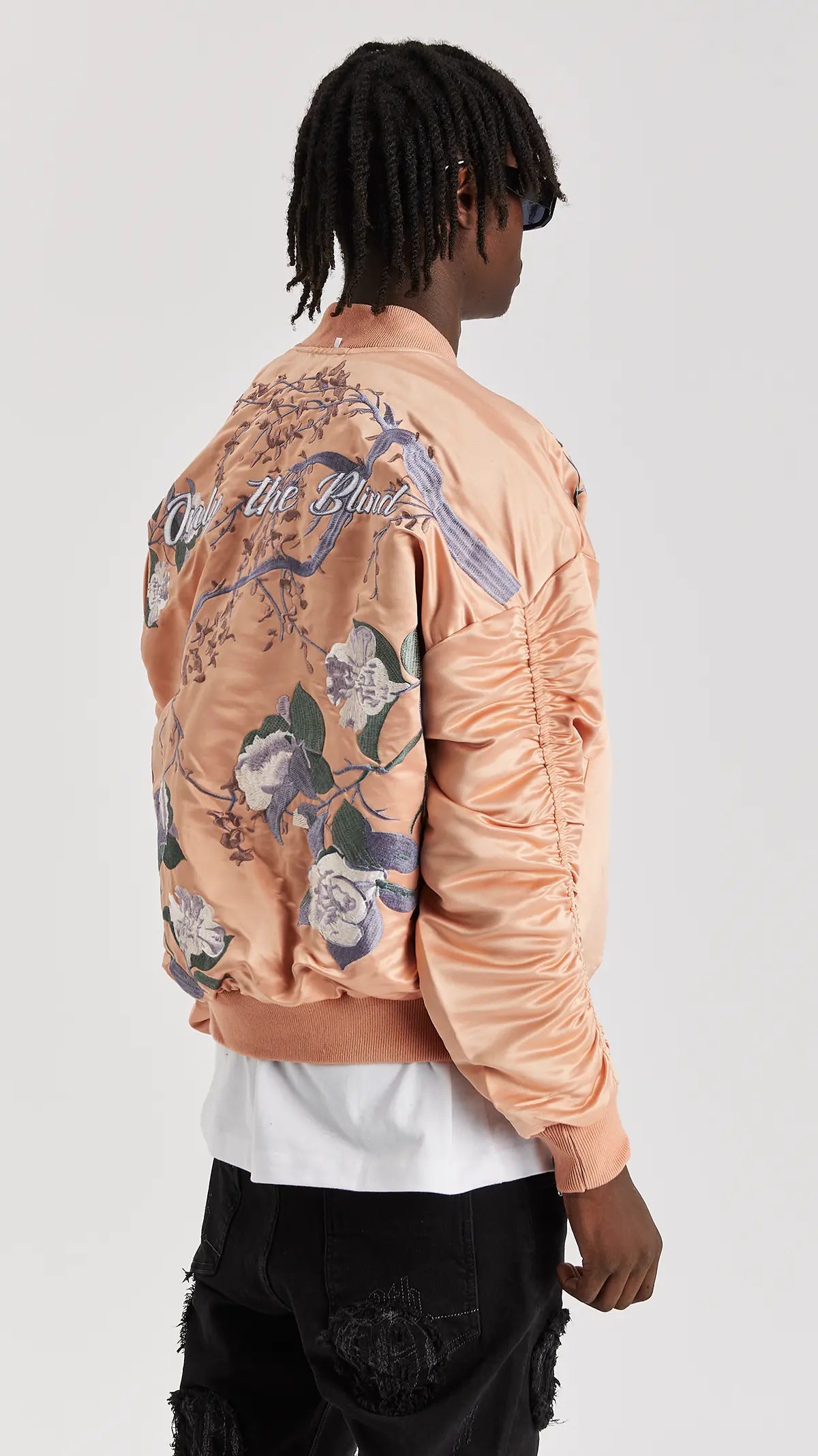 Signature Satin Peach Embroidered Bomber Jacket ONLY THE BLIND