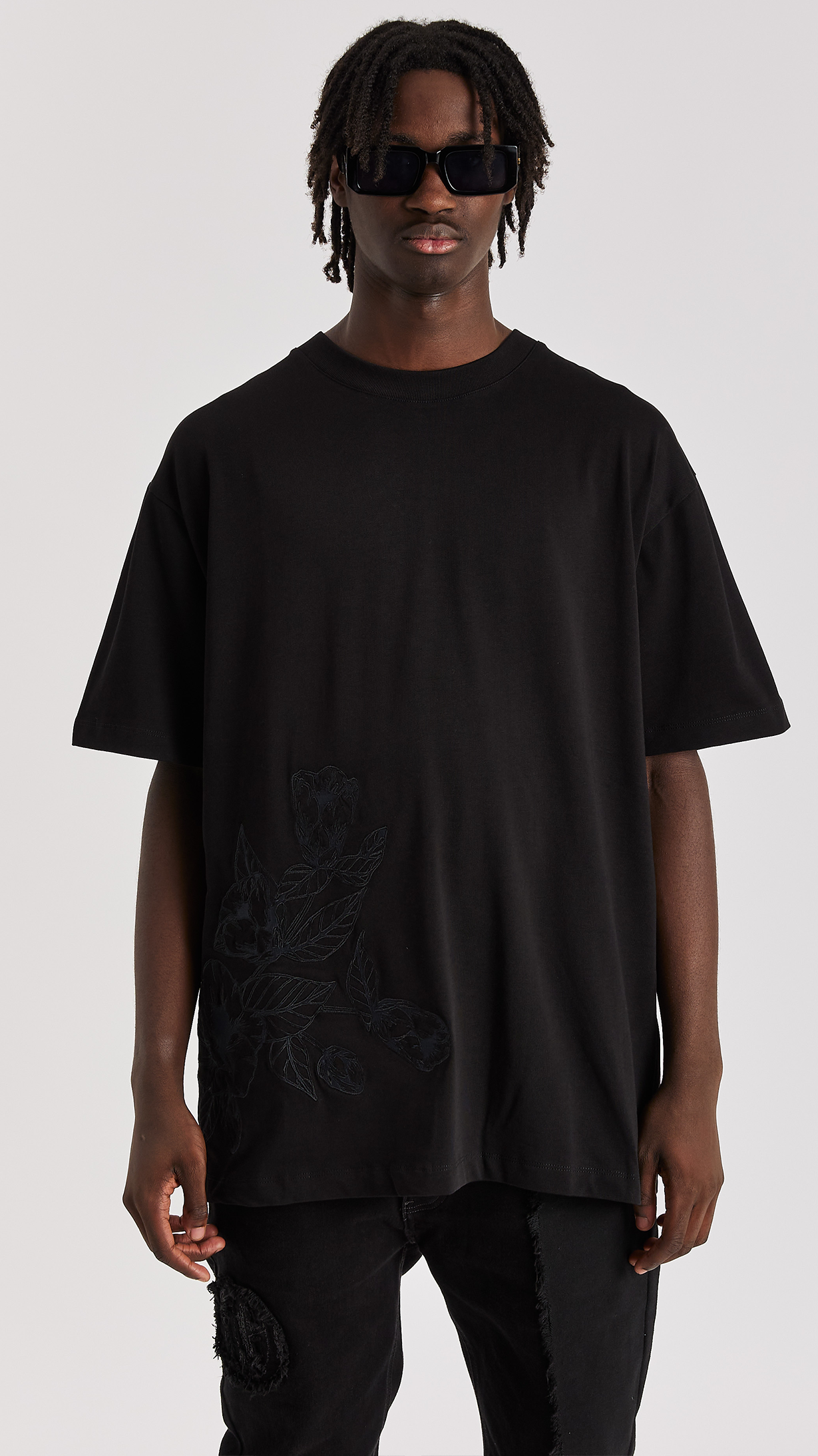 Black Floral Embroidered T-Shirt
