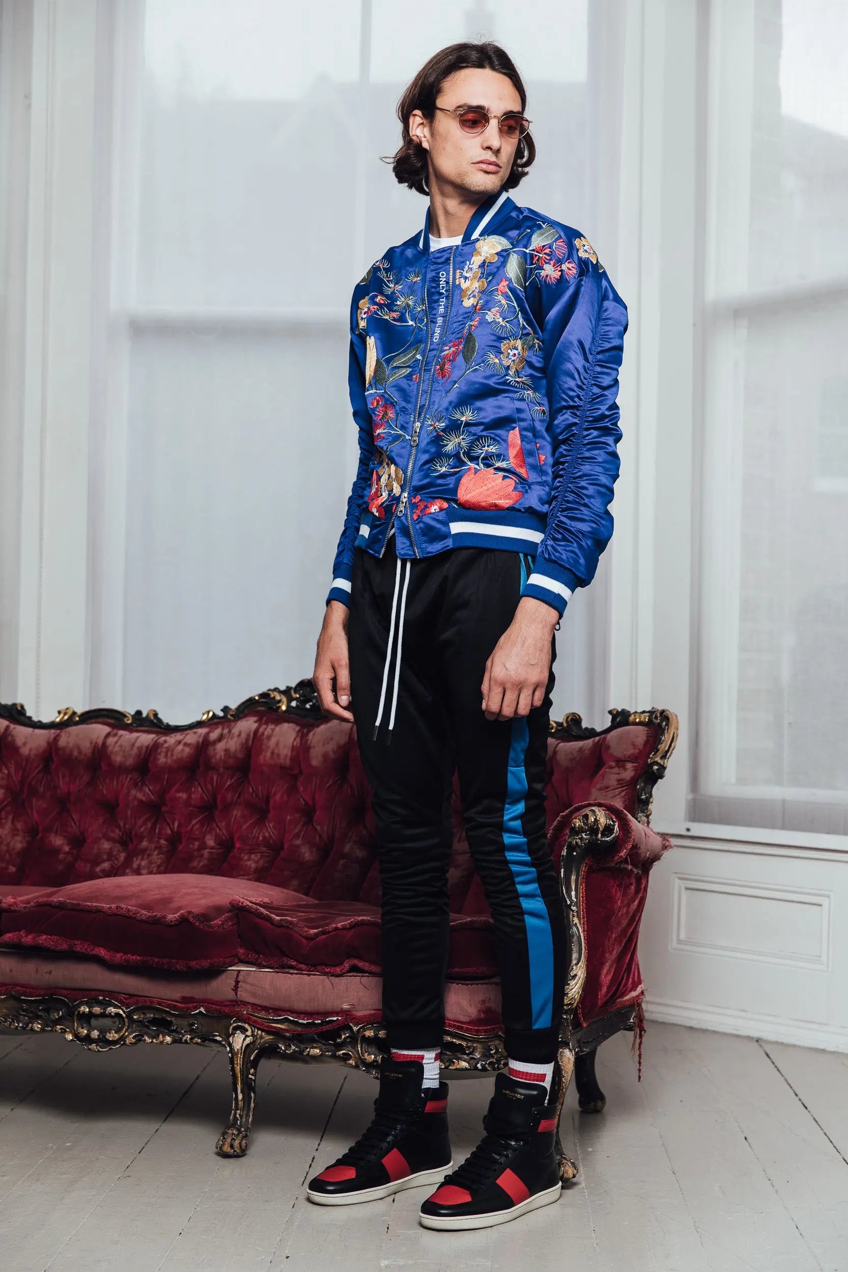 Signature Satin Mazarine Embroidered Bomber Jacket