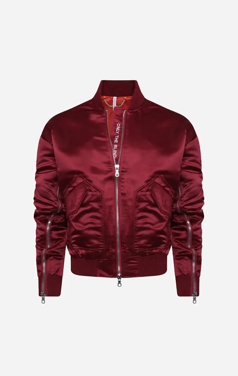 ONLY THE BLIND Signature satin wine bomber jacket