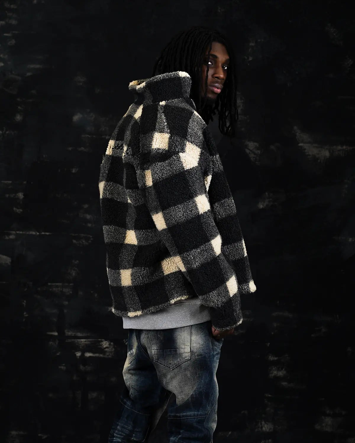 BEIGE CHECK BORG JACKET