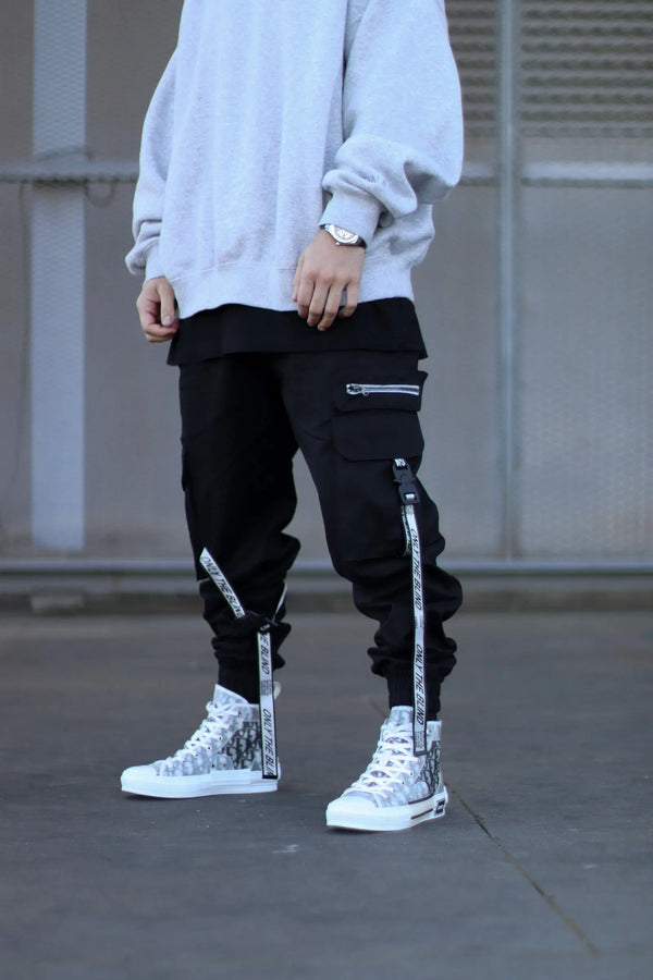 Black/White Strapped Cargo Bottoms