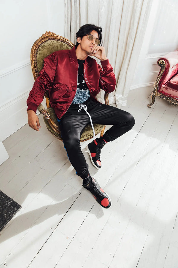 Signature satin wine bomber jacket